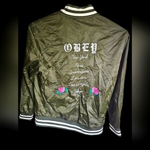 Obey Women’s Hooligans Street Varsity Olive Green Jacket Size Med